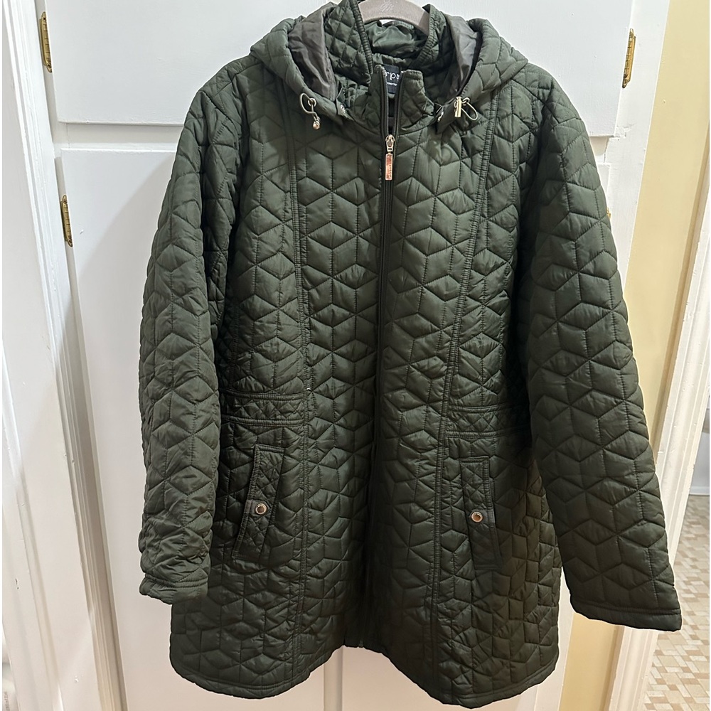 NEW olive hooded diamond quilted coat, sz 3x.